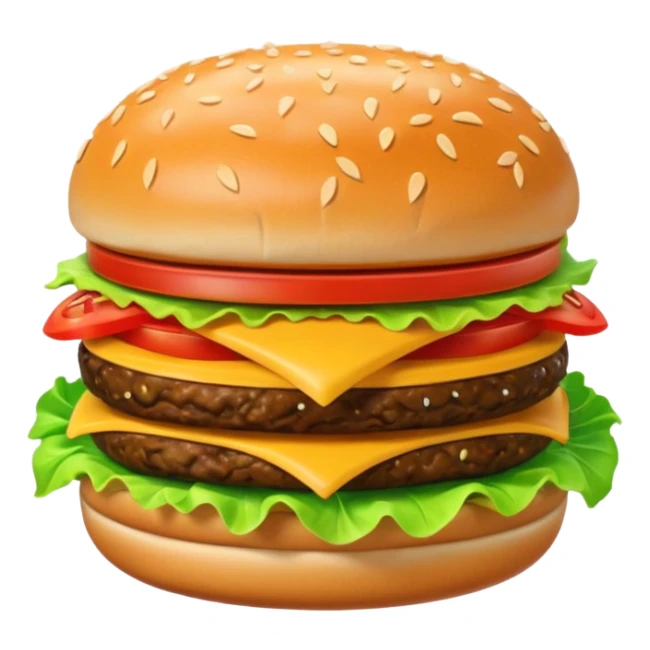 A 3D cartoon cheeseburger with lettuce, tomato, and sesame bun, soft texture, realistic Memoji-style rendering. sticker