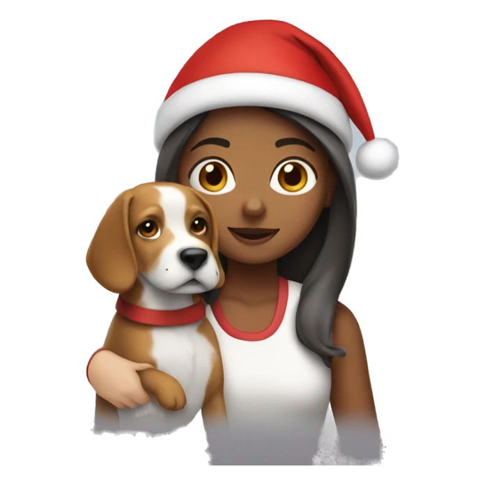 Girl waking with a dog with a Santa hat sticker