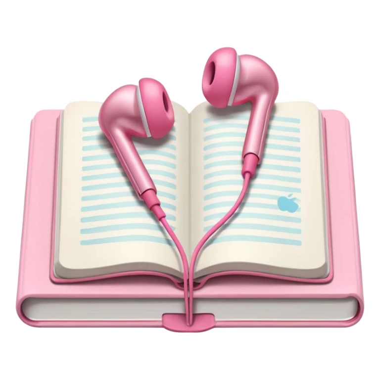  pink Pink Apple-style earbuds lying on an open book, soft pastel tones, cozy and minimal aesthetic, realistic lighting and shadows, top-down view, transparent background" sticker