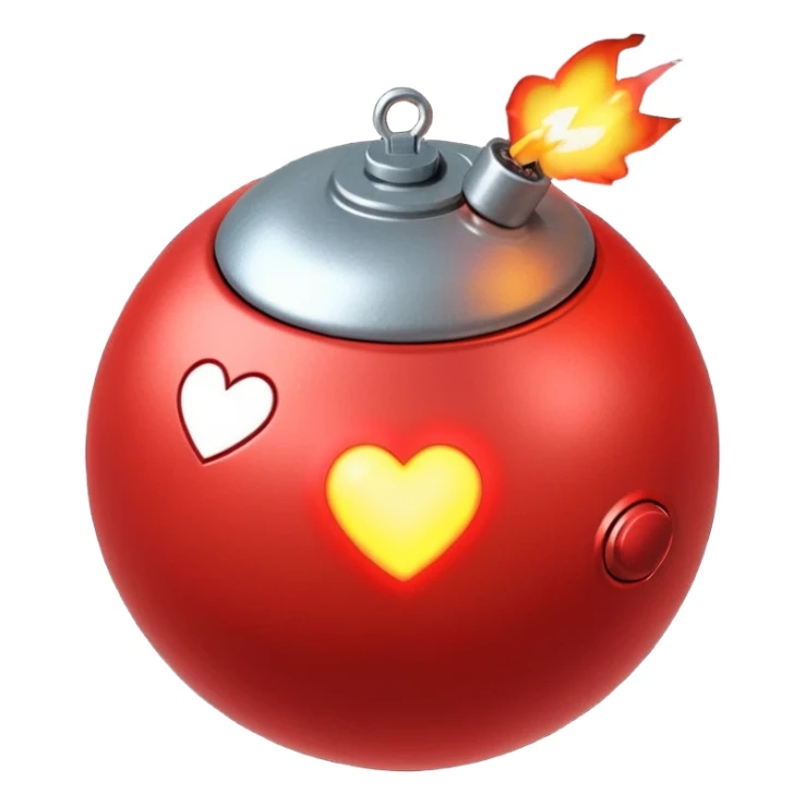 A spherical shaped bomb, red in colour, fuse burning with a heart. sticker