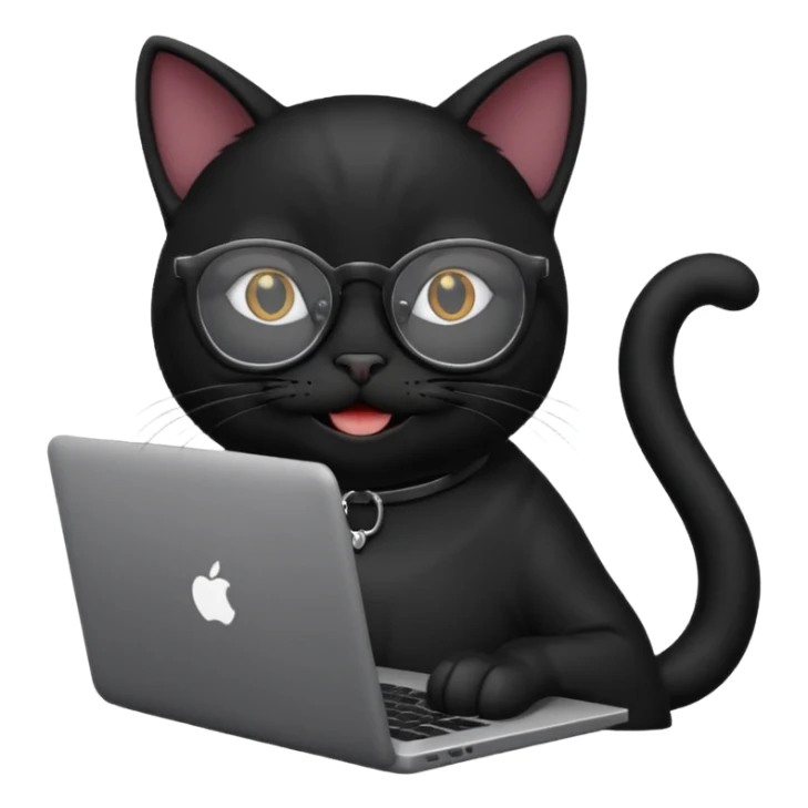 black cat smiling in glasses with laptop sticker