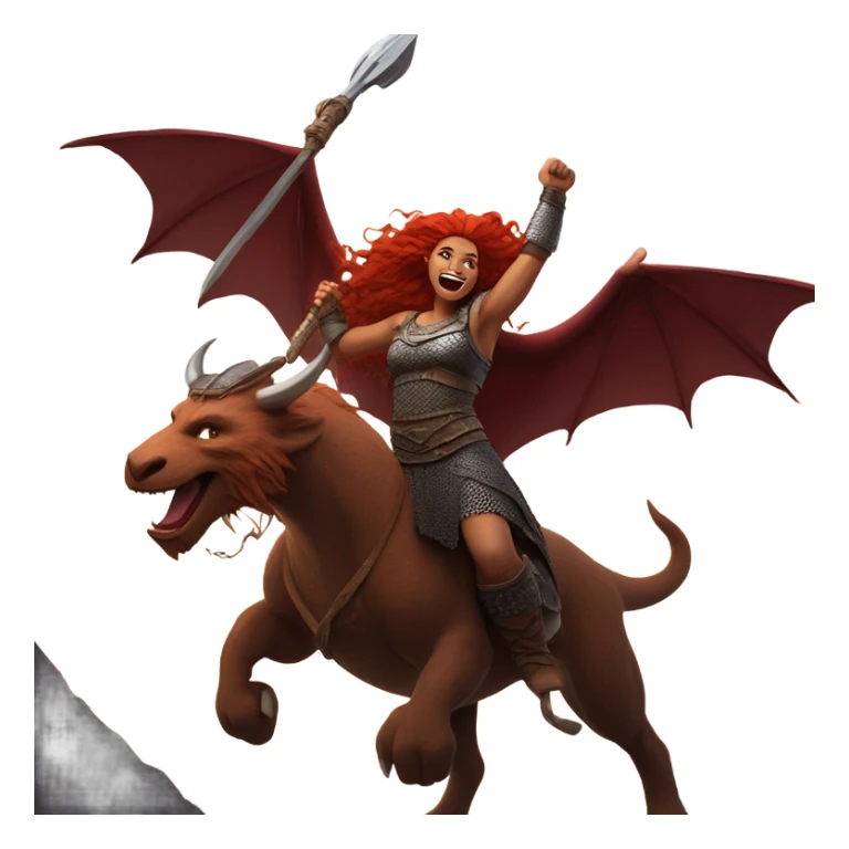 Viking red head dragon queen with a slain Viking solder with a man bun standing on a dragon flying over a volcano in a beautiful sky sticker