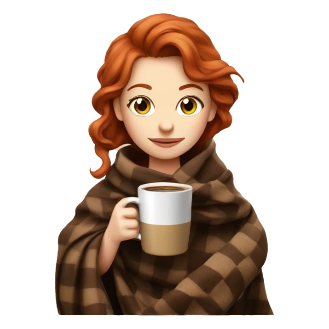 a red-haired girl, wrapped in a brown checkered blanket, drinking coffee from a cup shaped like a stuffed animal sticker