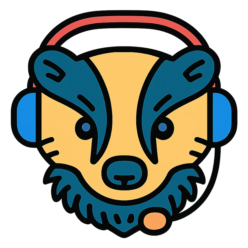 badger head wearing a modern headset, detailed fur, friendly expression, suitable for an icon, bold lineal color icon style sticker