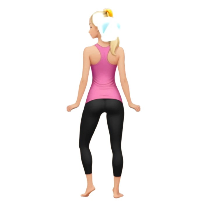 Render from knees up, view from the back, fair skinned woman, thin, long blond hair, cooking dinner in kitchen, pink loose tank top, showing natural B cup breast shape SFW, black yoga pants, perfect booty sticker