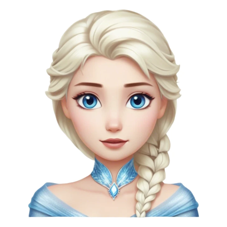 Cinematic Realistic Elsa Portrait, depicted with lifelike skin texture, soft natural lighting, and intricately detailed platinum blonde hair styled elegantly. Her striking, expressive blue eyes exude confidence and grace, complemented by a serene and regal expression. She is dressed in her signature icy attire, with shimmering fabric textures and delicate folds that catch the light beautifully. The portrait features a soft, enchanting glow with a cool, radiant finish, capturing the essence of timeless elegance in a realistic and painterly style, evoking a sense of depth and authenticity. sticker