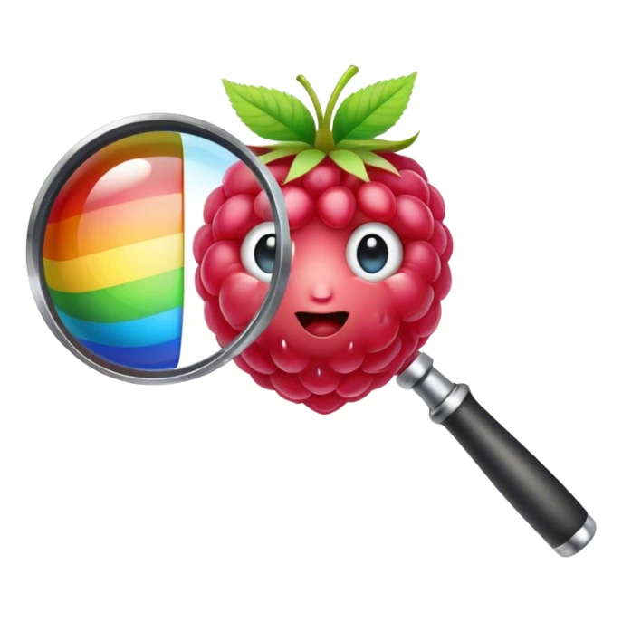 a raspberry holds a rainbow colored magnifier with its budding from handle of magnifier sticker