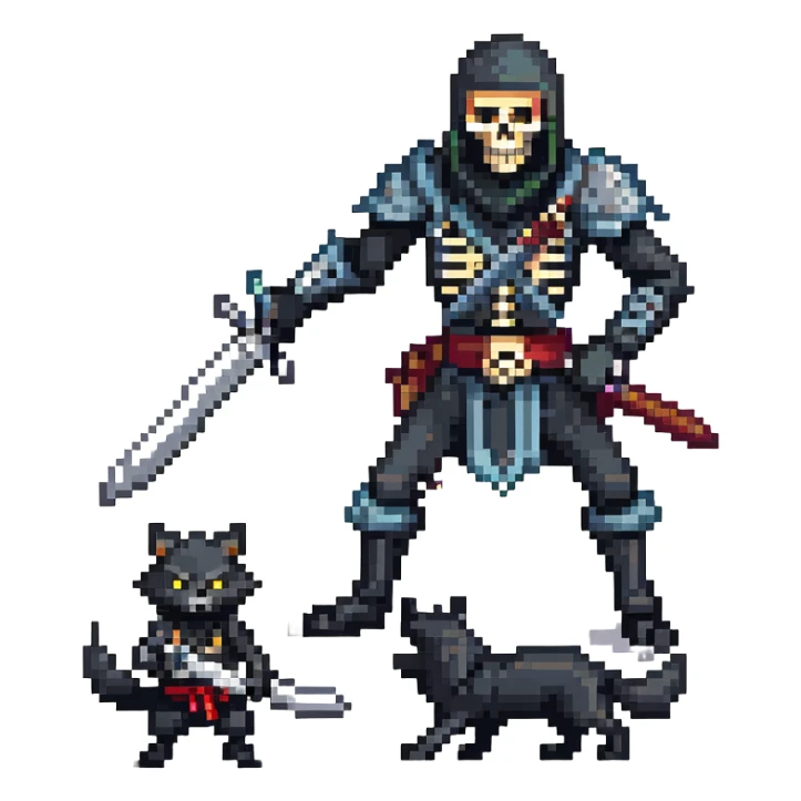 pixel art ninja skeleton wielding swords, accompanied by a fierce black wolf sticker