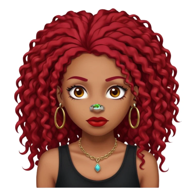 light-skinned black girl with very long eyelashes with long curly dark red hair with edges wearing a black top with no sleeves. and a red accessory on her head with nose and mouth piercings and is a baddie and looks like a bad girl. sticker