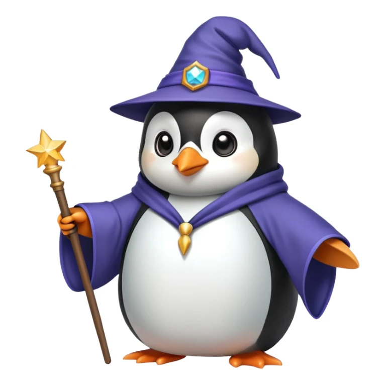 penguin wearing a wizard hat and robe holding a magic wand sticker
