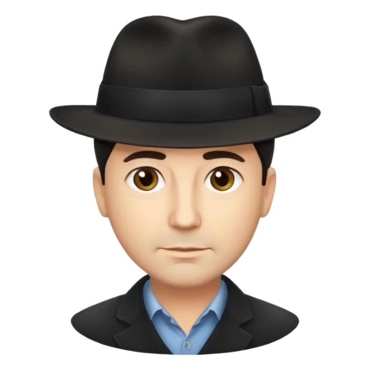 A light-skinned middle-aged man with short dark hair, and a black fedora, with an oval face and calm look. sticker