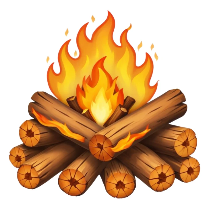Emoji-style bonfire with logs and flames, cute and rounded, soft shading, bright warm colors sticker