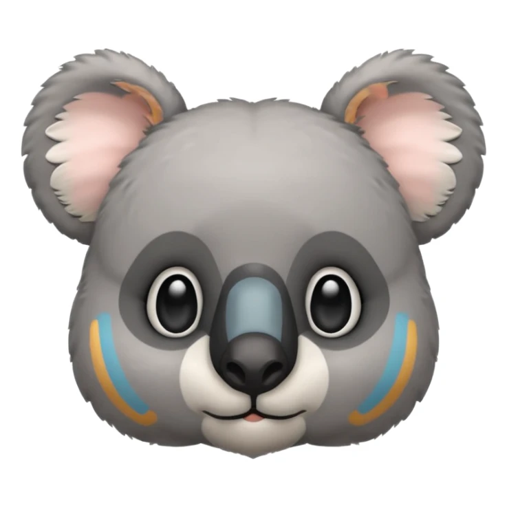 Head of a grey koala, round face, big fluffy ears, large black nose, front-facing, cute and simple style sticker
