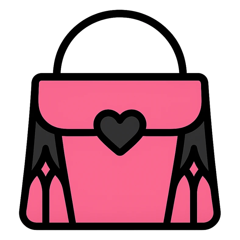 pink and black gothic purse, color outline icon style, modern, clean lines, minimalistic, with a heart clasp sticker