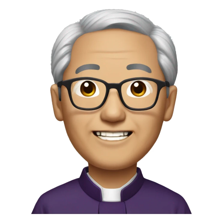 older hmong catholic priest with wrinkles with black hair, smiling with teeth and glasses, no beard or mustache sticker
