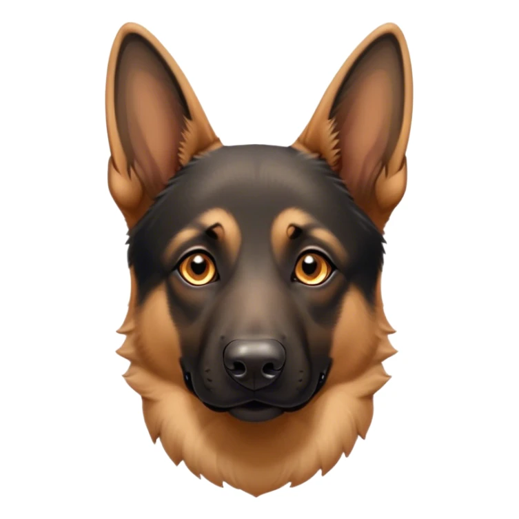 Cinematic Cute Tan/Black German Shepherd Portrait Emoji, Head tilted playfully and inquisitively, showcasing a smooth tan coat with distinctive black markings and piercing brown eyes filled with curiosity, Simplified yet irresistibly adorable features, highly detailed, glowing with a warm, friendly glow, high shine, affectionate and alert, stylized with a touch of whimsy, bright and endearing, soft glowing outline, capturing the essence of a mischievous yet loving guardian, so playful it feels like it could bound out of the screen and into your arms! sticker