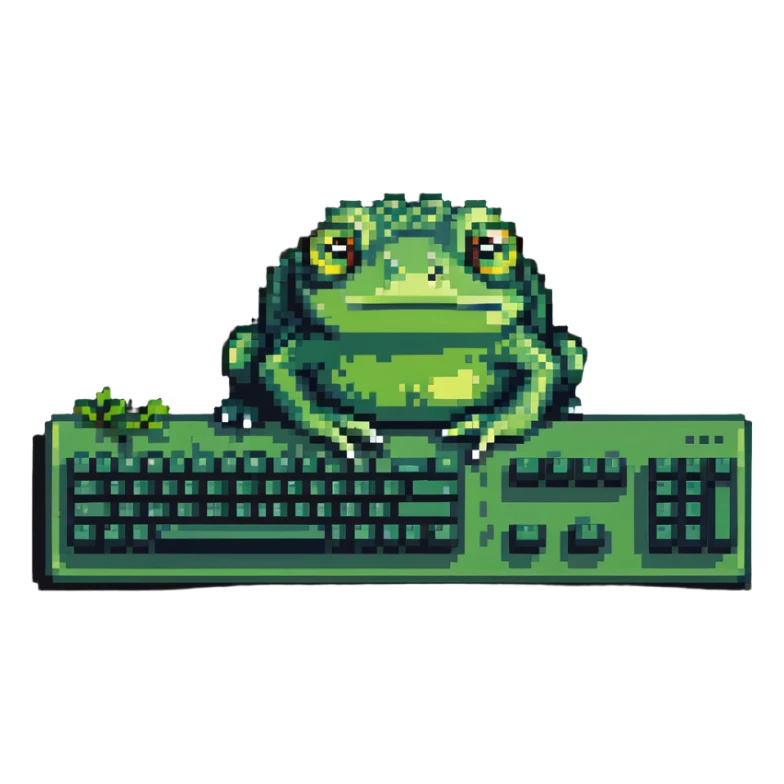 Pepe the frog meme character coding on computer, green frog with sad eyes typing on keyboard sticker