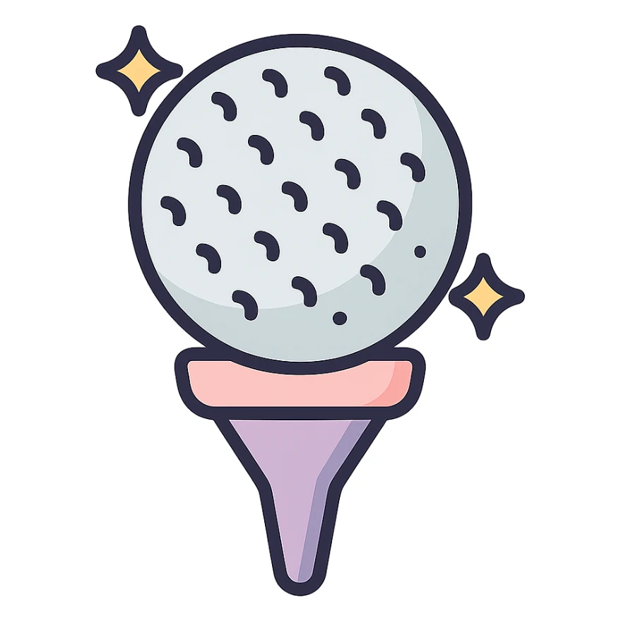 golf ball on a tee stand with subtle sparkle effect, icon-color-outlined style, detailed shading, thin clean outlines, soft rounded features, pastel palette #98B5BC #B5B3C1 #C9A3C9 #E4C0CA #F7DCD1 #F7C0AA, Japanese pop art, sticker look, highly detailed, vector clarity, soft lighting, subtle shadows, transparent background sticker