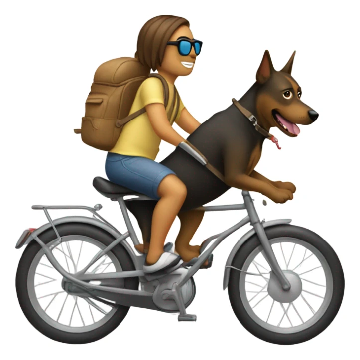 Human riding a bike with a backpack. Put the dog in the humans backpack. There’s a dog in the backpack and it is wearing sunglasses  sticker