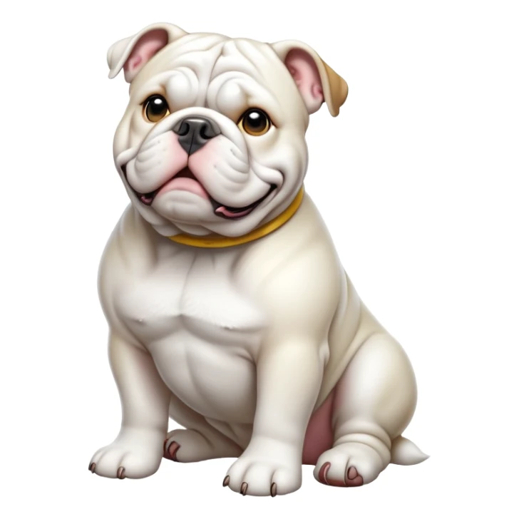 cinematic-[solid white english bulldog]-realistic-full-body-sitting-emoji,-tail-resting-loosely-beside-its-paws,-head-tilted-dramatically,-sleek-[solid white]-fur,-simplified-yet-realistic-focused-features,-highly-detailed,-glowing-with-an-almost-sarcastic-glow sticker