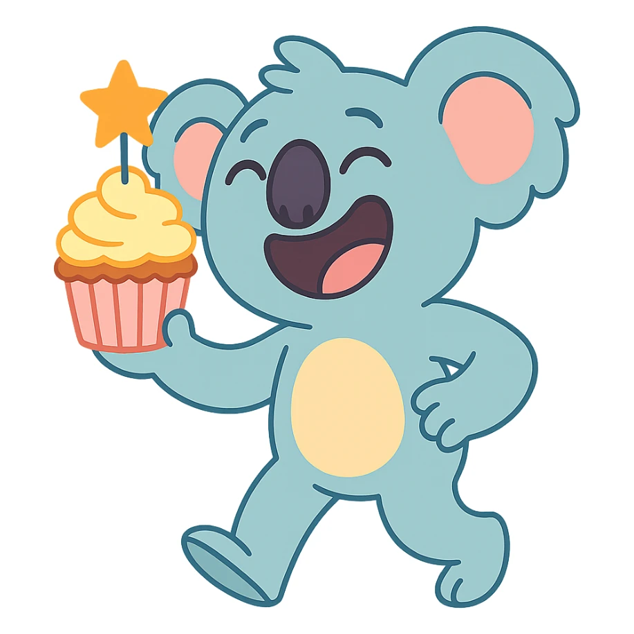 full-body laughing koala holding cupcake with star candle, pastel-toon style sticker