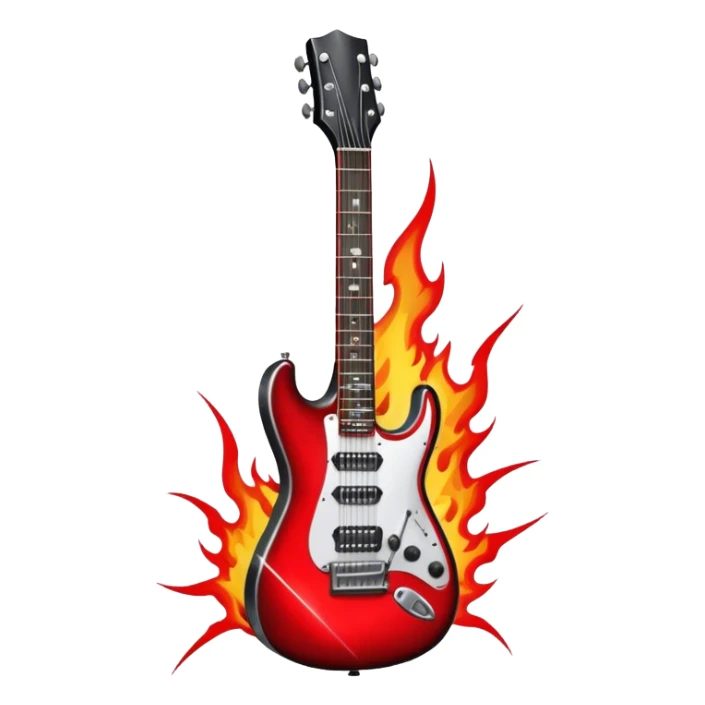 Create a fierce and edgy emoji representing hardcore rock vocal performance in a humanless collage. The design should feature a vintage microphone at the center, Add crossed drumsticks behind the microphone to symbolize the rhythm and power of the drums. surrounded by a menacing, distorted electric guitar with sharp, aggressive angles. Include subtle elements like lightning bolts, flames, or jagged sound waves to evoke the raw energy and intensity of hardcore rock. Use dark, intense colors like black, red, and silver, with a metallic, gritty finish to convey the rebellious, aggressive spirit of the genre. The background should be transparent. sticker