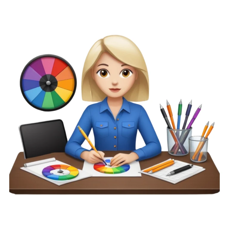 female graphic designer , color wheel, pens, papers sticker