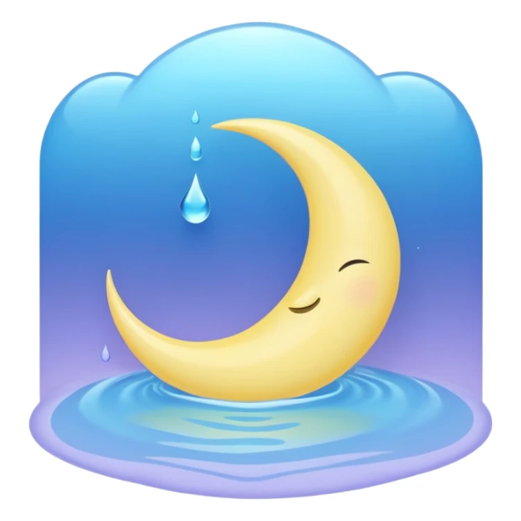 Minimalist pastel emoji of a crescent moon resting inside a glowing blue water droplet with soft ripples and a lavender-mint glow aura, smooth gradients, gentle lighting, ASMR aesthetic. sticker