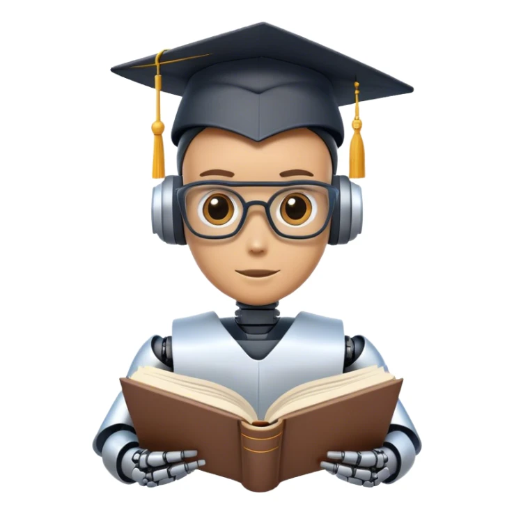 Ai  robot reading a big book with graduation head sticker
