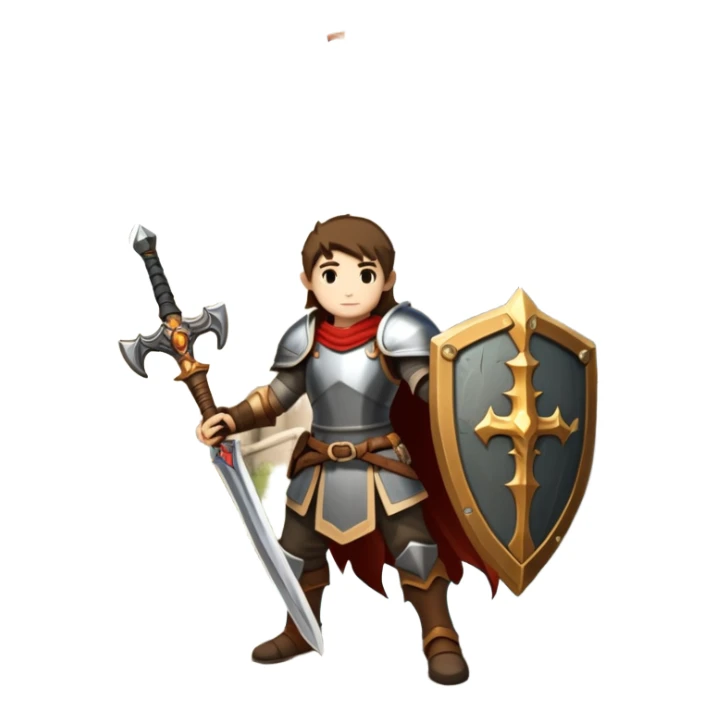 An icon symbolizing a RPG game, featuring a character holding a sword and shield, standing in front of a fantasy world with castles, dungeons and mythical creatures. The design emphasizes exploration, quests with elements like health bars and inventory icons. Transparent background sticker