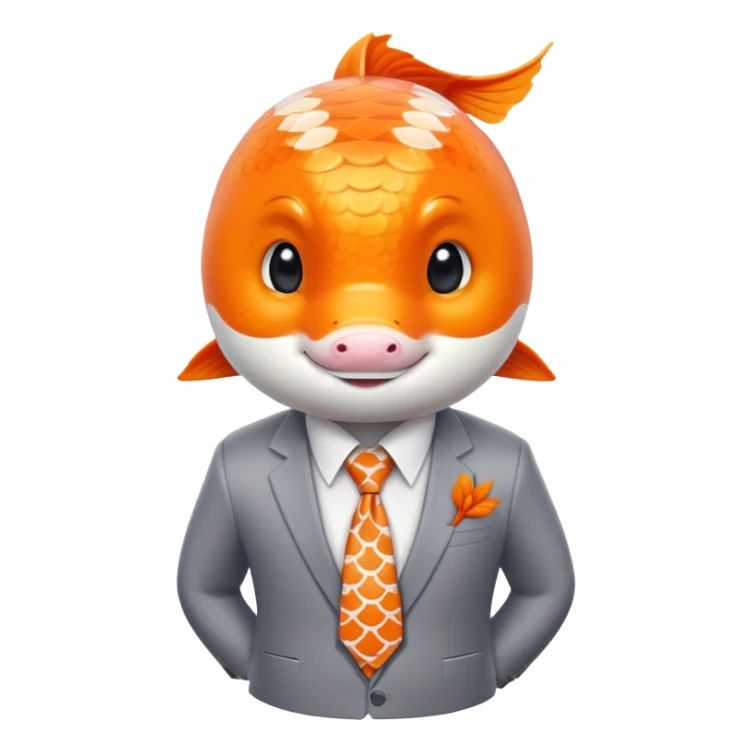 A charming and professional koi fish character, sleek rounded body with orange and white patterns, expressive eyes, friendly smile, wearing a neat business suit, white shirt, and tiny tie sticker