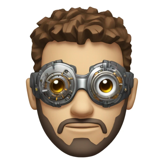 male cyborg head with brown short hair, brown beard, silver steampunk goggles and circuits sticker