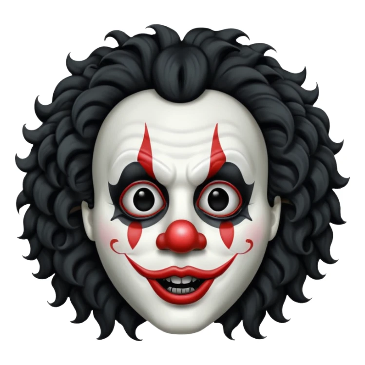generate white clown mask emoji with a big curly black hair 

black coloured  lips and no teeth, no red nose but instead long and pointy white nose with no nostrils, pitch black eyes with no pupils, no brows sticker