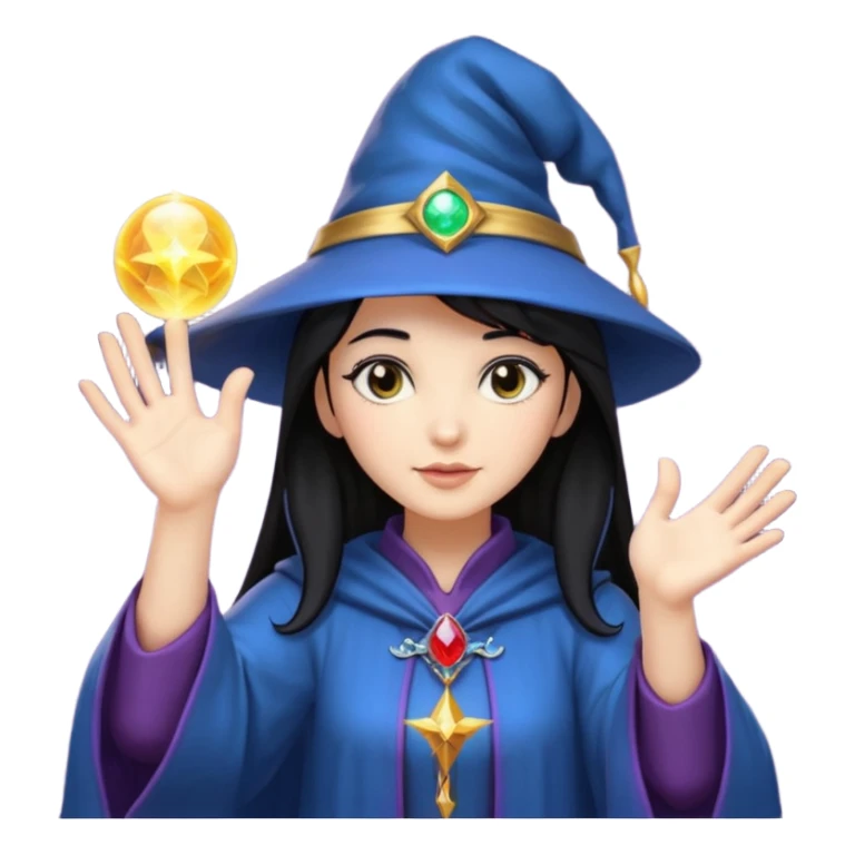 female wizard with black hair under a wizards hat with both hands palm up sticker