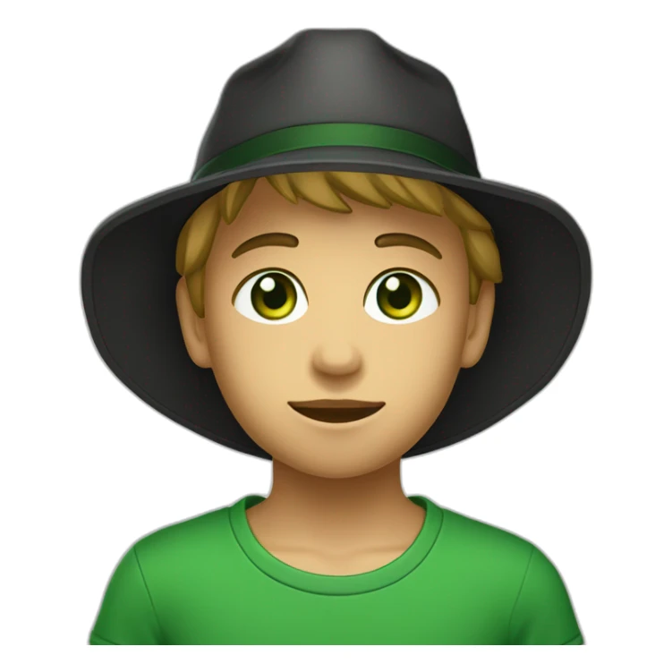 A boy with green eyes, wearing a black Sun hat  and a green T-shirt with a black letter “G” on T.Shirt sticker