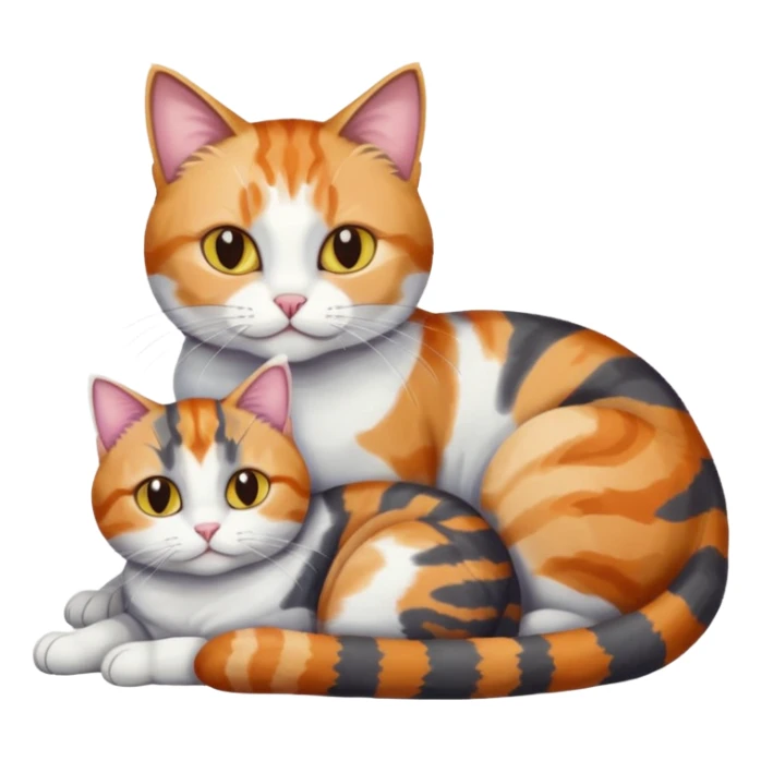 two cats in love, a colourful light patched calico + white tabby cat cuddling a bigger cat that is dark grey and white tabby cat sticker