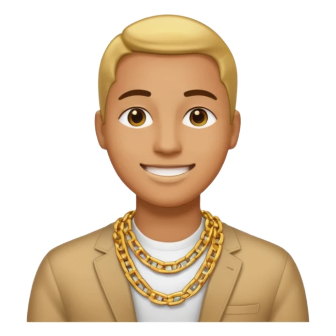 Confident digital creator with gold chain, subtle smile, money icons floating around, modern emoji style, minimal background sticker