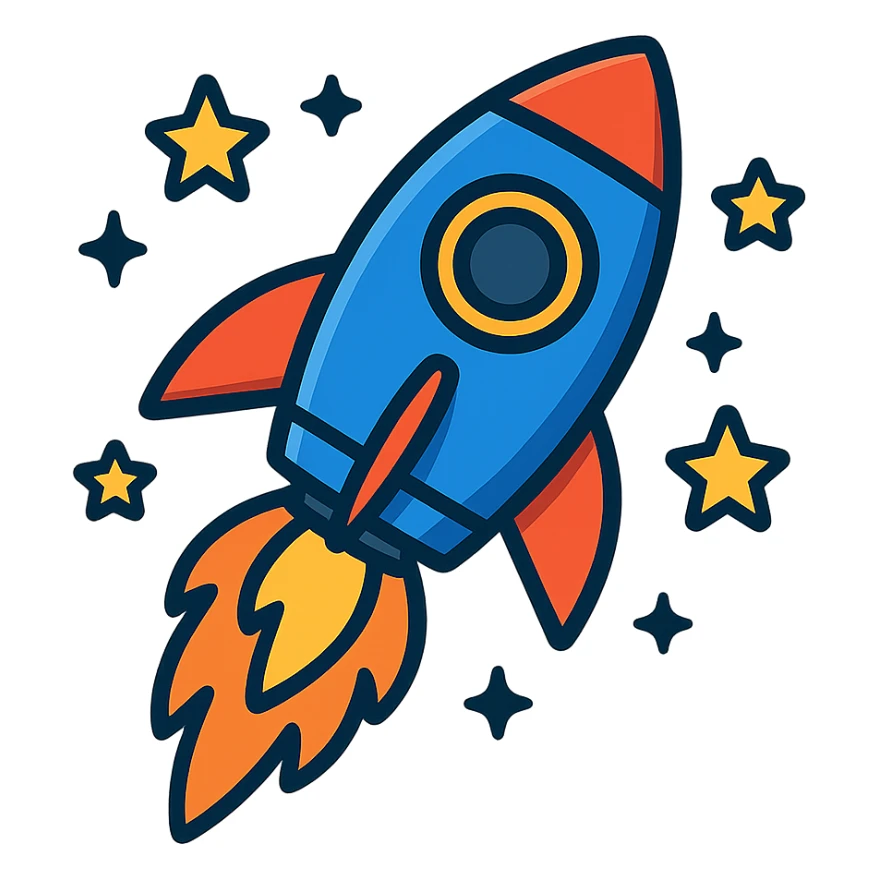 rocket ship with flames and stars around it sticker