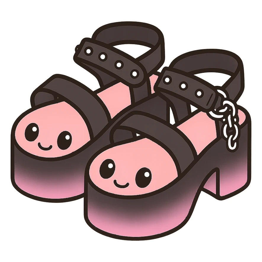 Add a gradient effect from black to pastel pink on the platform sandals with silver studs and chains, kawaii style, no socks, no hearts, transparent background sticker