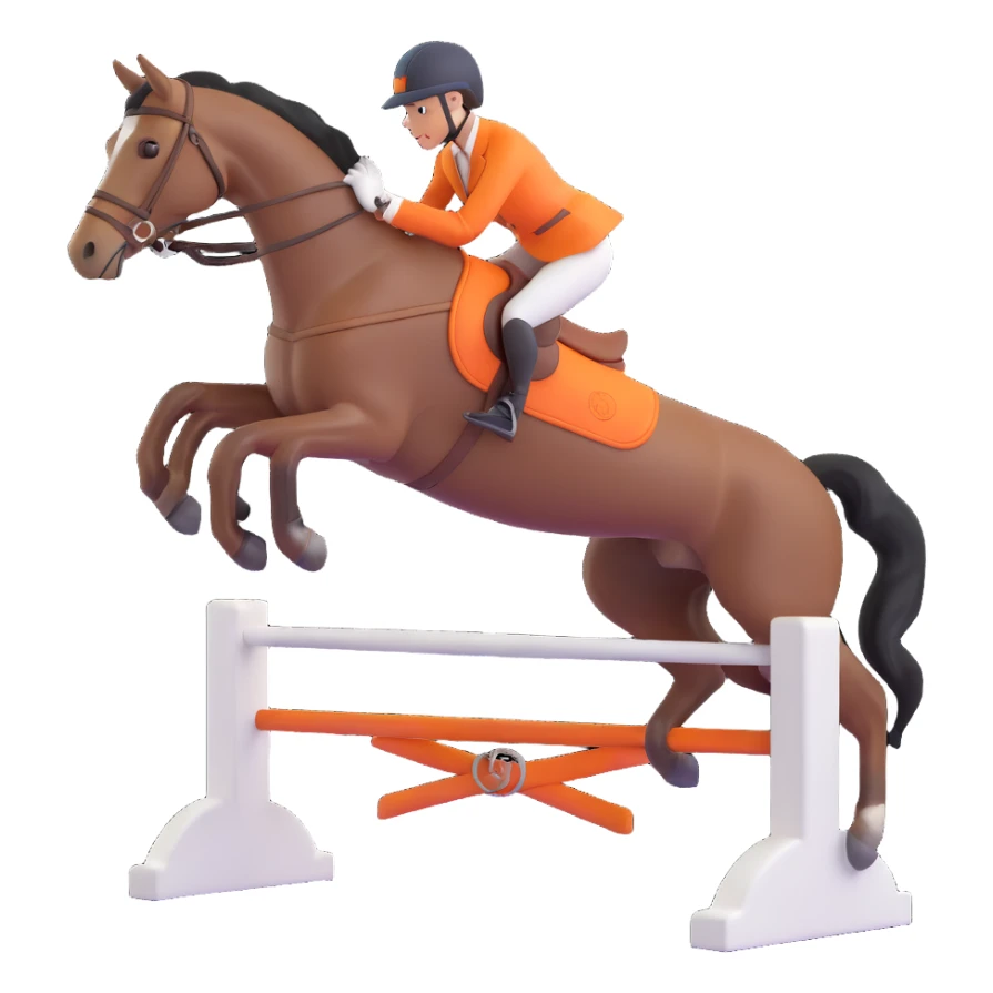 Hermès-style horse jumping, classic equestrian look, Hermès orange accents, 3D style, white or transparent background sticker