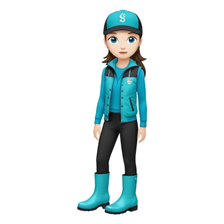 A landscaper in a beautiful turquoise jacket, turquoise rubber boots, and black pants. Over the turquoise jacket, she wears a black sleeveless vest. On her head, she wears a black Swissotel baseball cap. The girl is a brunette with blue eyes. sticker