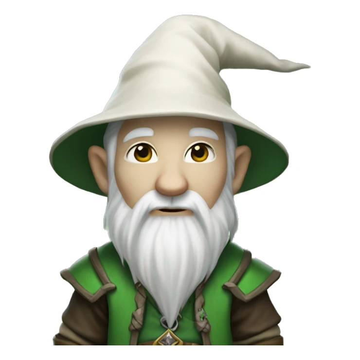 World of warcraft wizard gnome. Short white lhair, long beard (shaved in the sides), white hat, fully green outfit sticker