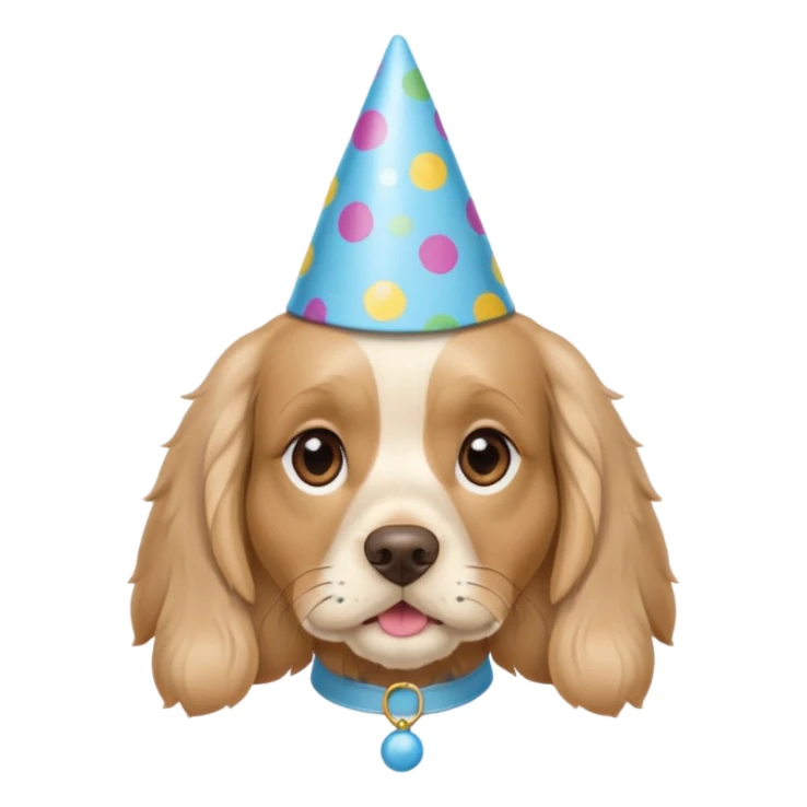 Light Beige cocker spaniel, light blue eyes, wearing a party hat sticker