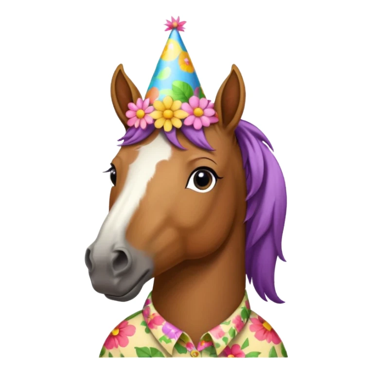 horse in flowered shirt with party hat, front view sticker