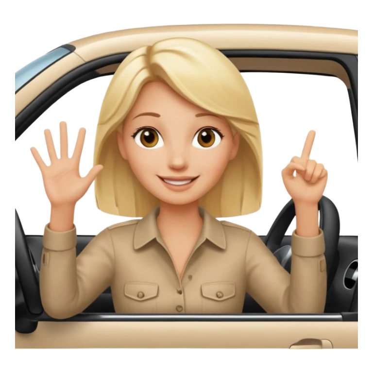 blonde woman driving car. one hand up Happy face confidence sticker