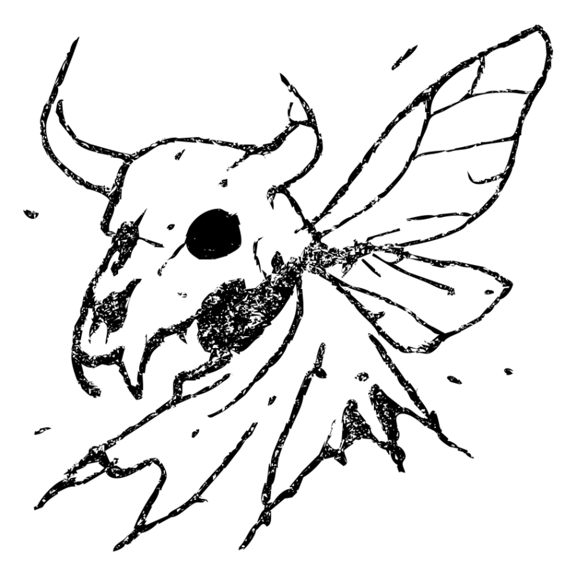 maximum deterioration: extremely fragmented red line art of a single fused skull combining minotaur and stoat features into one hybrid skull (not separate skulls), with broken horn, single glowing red eye, tattered cape elements, and disintegrating moth wings, most outlines missing, severe gaps and broken lines, eroded to almost nothing sticker