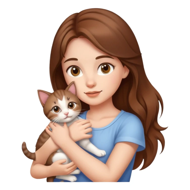 A beautiful brown-haired girl holding a kitten sticker