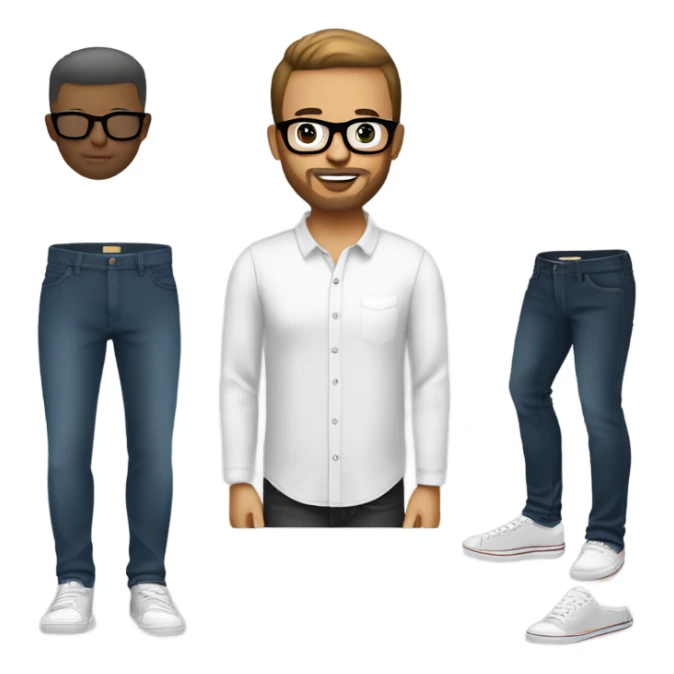 short hair, light beard, plain t-shirt or button-down shirt, dark jeans, and sneakers. Accessories include a smartwatch and modern glasses, with a minimalist, practical style that balances comfort and professionalism. sticker