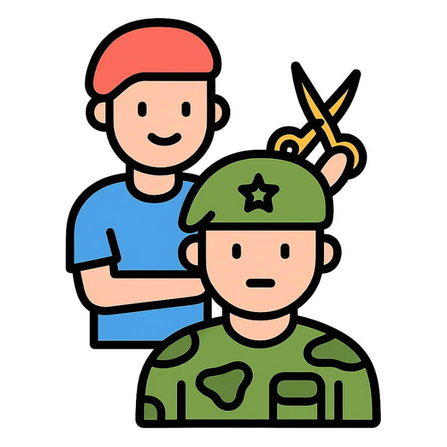 a soldier man getting a haircut, color outline icon style sticker