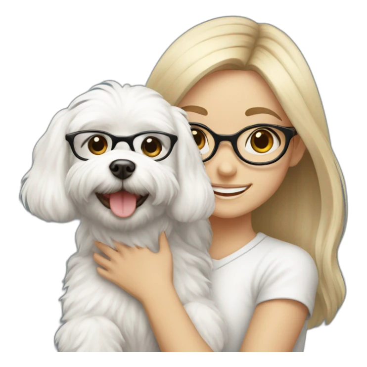 smiling girl with glasses with a white Maltese dog in her arms sticker